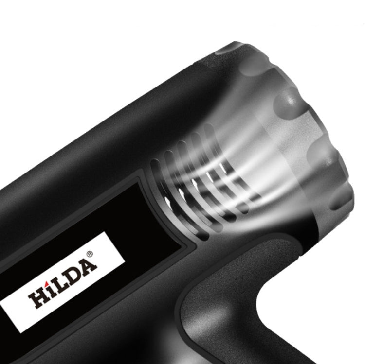 Black heat gun nozzle with front vent grille and HiLDA label