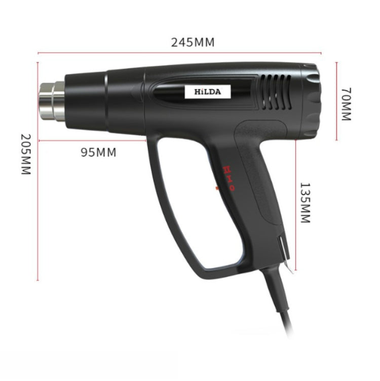 Black hot air heat gun shown with side profile and power cord