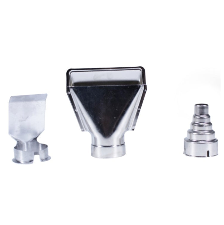 Heat gun nozzle set with triangular reflector, cone reducer, and round adapter