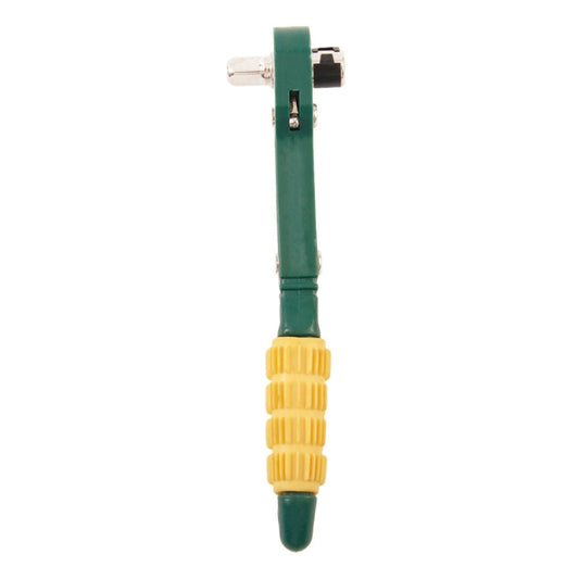 Mini ratchet wrench with green head and long green body, yellow ribbed handle