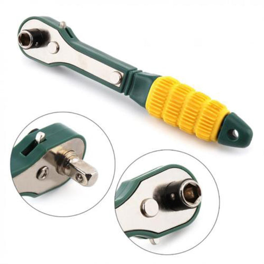 Mini quick ratchet wrench with green handle and yellow grip, socket head