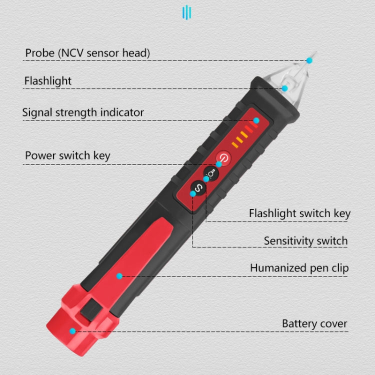Black and red non-contact electric pen with clear probe tip, buttons, and indicator window