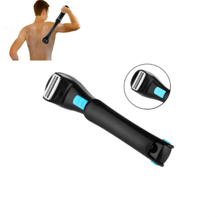 Black foldable electric shaver with long handle and blue button, side view