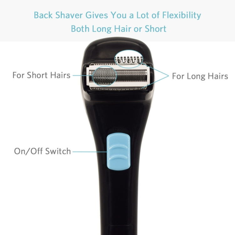 Front view of black electric shaver head with blue on/off switch