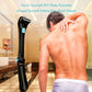 Electric back shaver in use on a man’s upper back, black handle with blue button