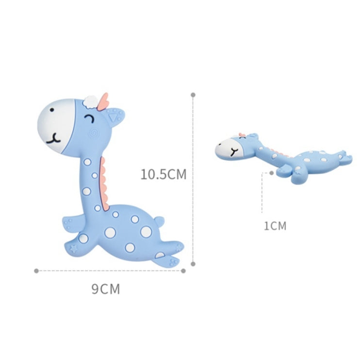 Blue fawn-shaped silicone teether size diagram: 10.5cm by 9cm, 1cm thick