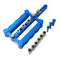 Blue vertical triple-hole dowel locator tool with metal guide bushings and pins