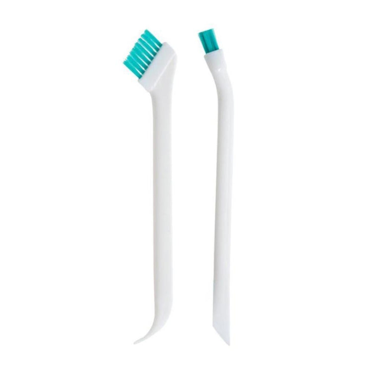 Set of two white door gap cleaning brushes with teal bristle heads