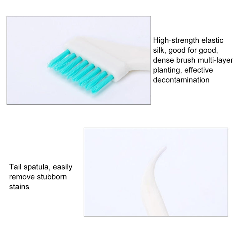White double-head brush with teal bristles and tail spatula for removing stubborn stains