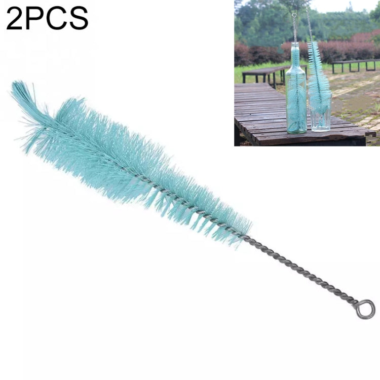 Teal long thin bottle brush with soft bristles and twisted wire handle with hanging loop