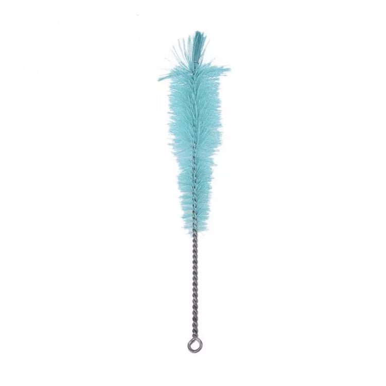 Teal narrow bottle brush with long wire stem and hanging loop, soft bristle head