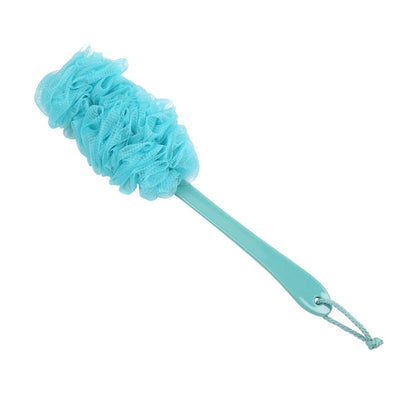 Blue soft mesh back bath shower brush with long handle and hanging loop