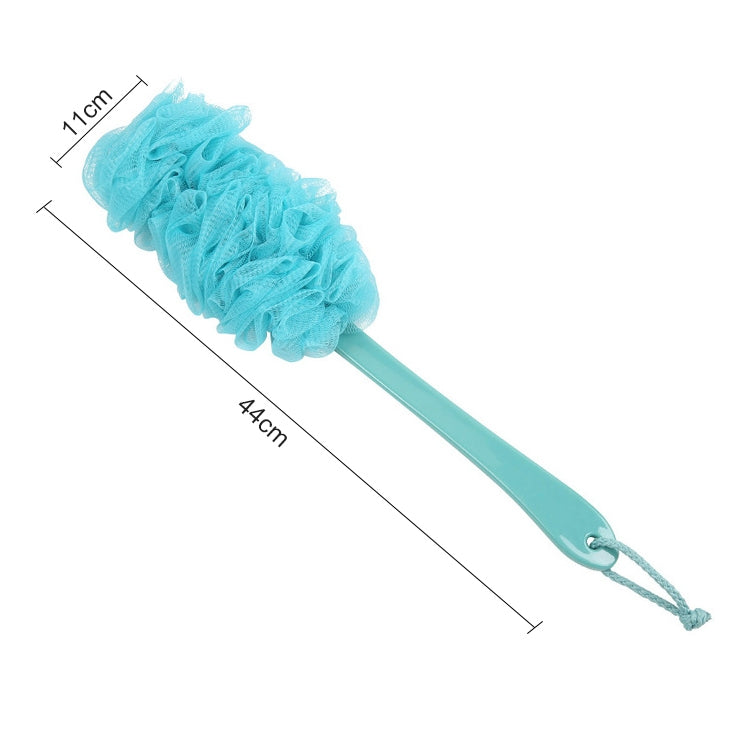 Blue soft mesh shower brush, 44 cm long; 11 cm wide scrub head and hanging loop