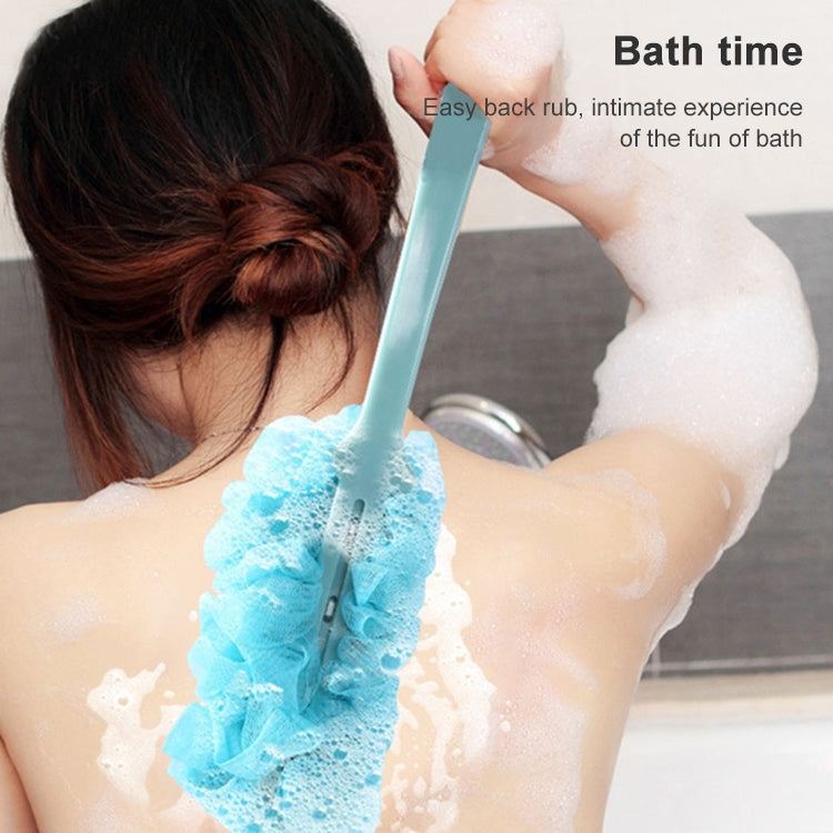 Soft blue mesh back shower brush with long handle, scrubbing back with foam