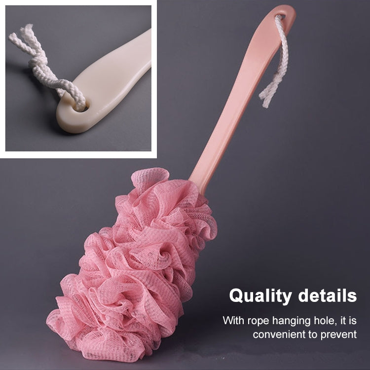 Bath shower brush with hanging loop and soft mesh scrub pad on long handle