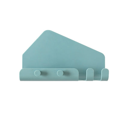 Wall-mounted phone holder with hooks, teal-blue back and side prongs