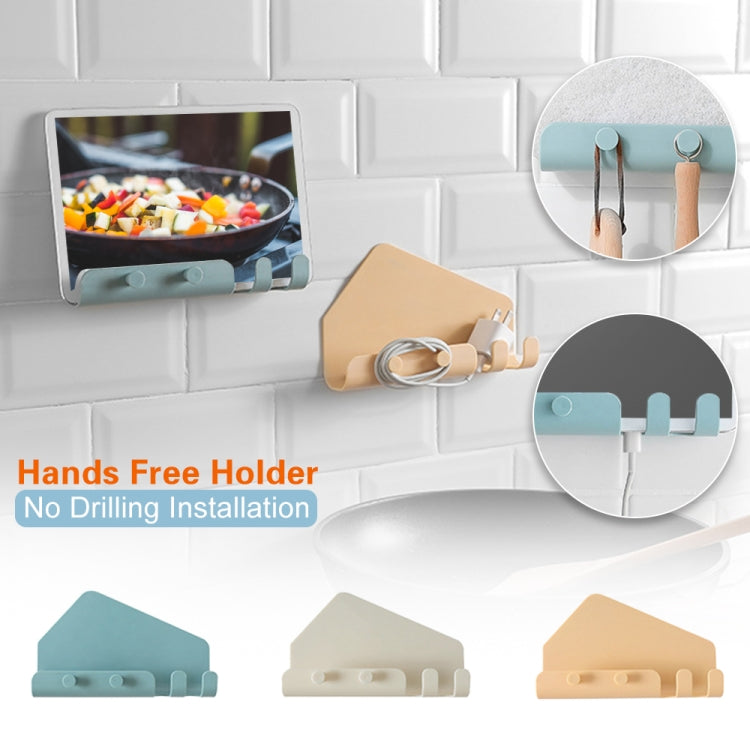 Wall-mounted phone holder with hook arms, set shown in teal, beige, and tan