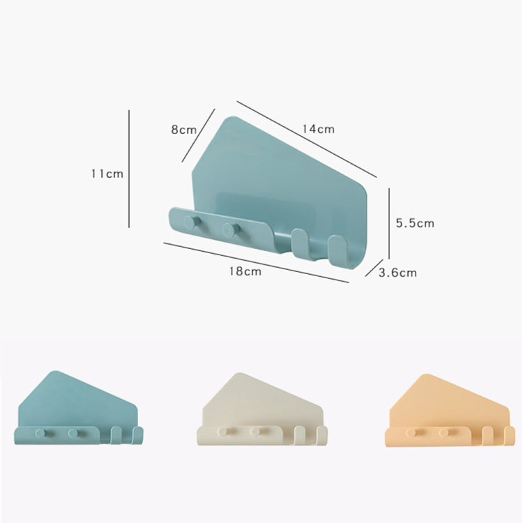 Wall-mounted phone holder with hooks, size diagram and color options shown
