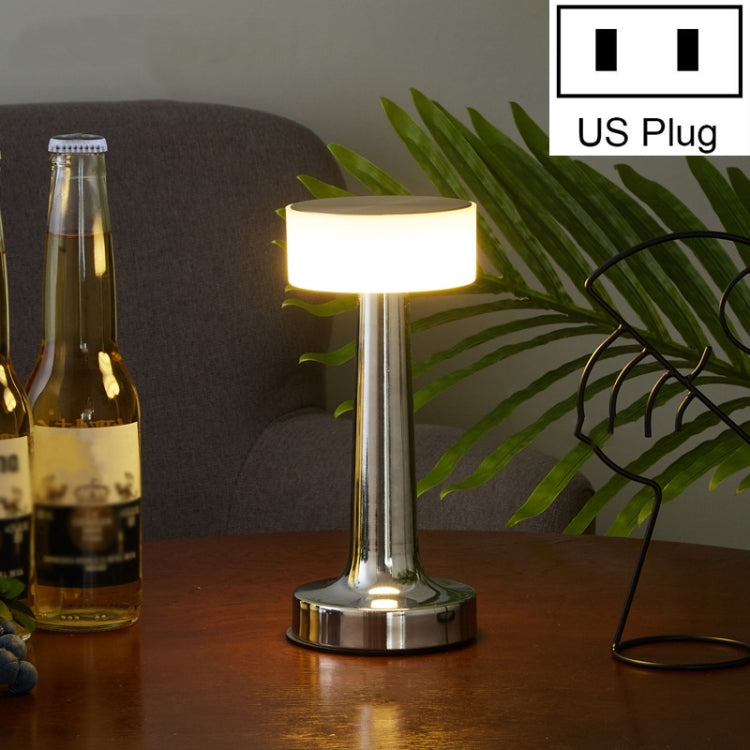 LED table lamp with chrome stand and white glow, US plug