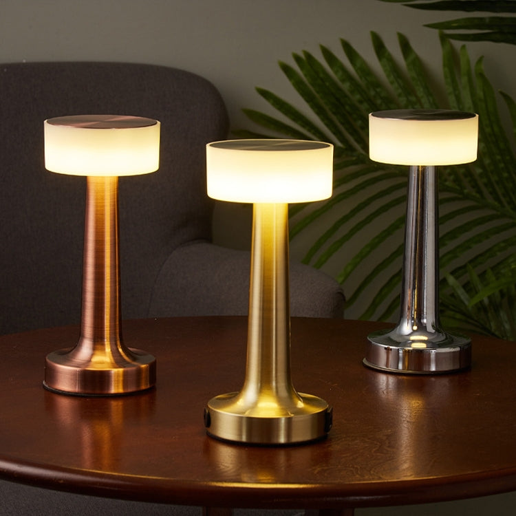 Set of three LED table lamps with bronze and chrome bases, warm white glow