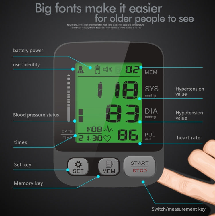Upper arm blood pressure monitor with LCD readout and SET/MEM/START/STOP buttons