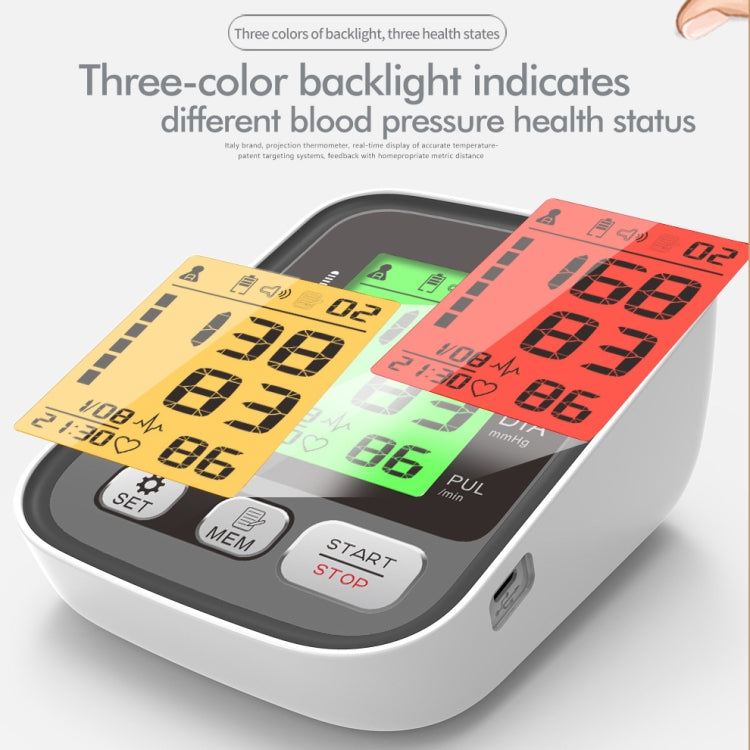 Upper arm blood pressure monitor with three-color backlit LCD and START/STOP buttons