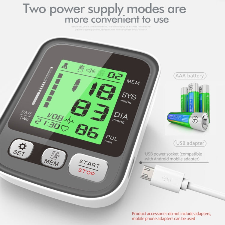 Upper arm blood pressure monitor with LCD and shown AAA batteries and USB adapter