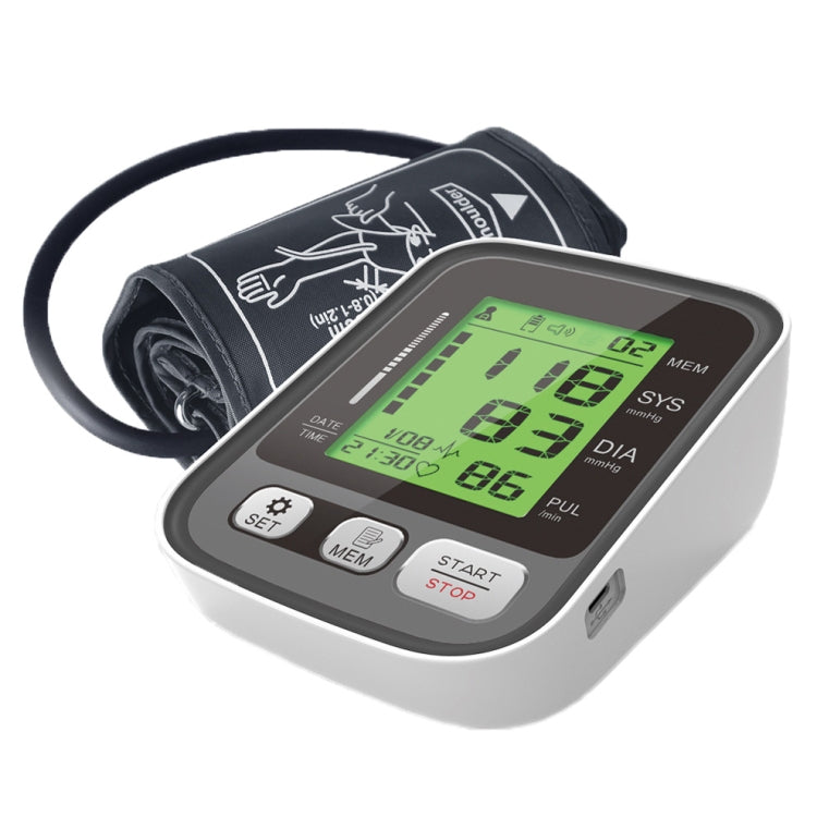Automatic upper arm blood pressure monitor with LCD showing SYS, DIA, PUL