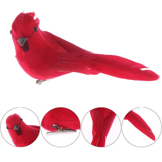 Feather-simulation red bird decoration with angled body and visible plumage