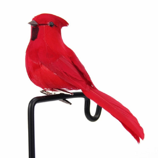 Feather-simulation red bird decoration with black clip base, perched