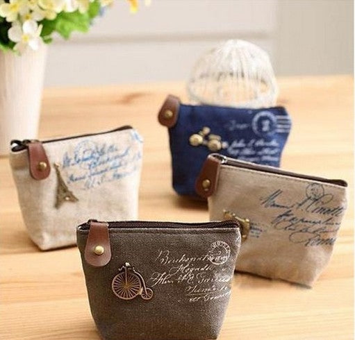 Gray canvas mini coin pouch with zipper, vintage script print and bicycle charm