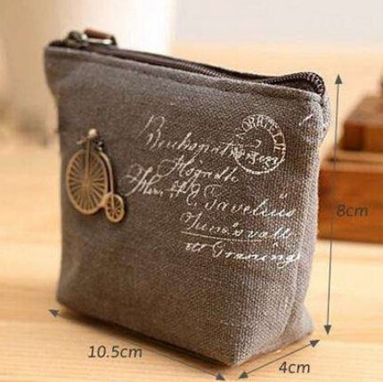 Gray mini coin pouch with zipper and brown trim, vintage script and bicycle charm
