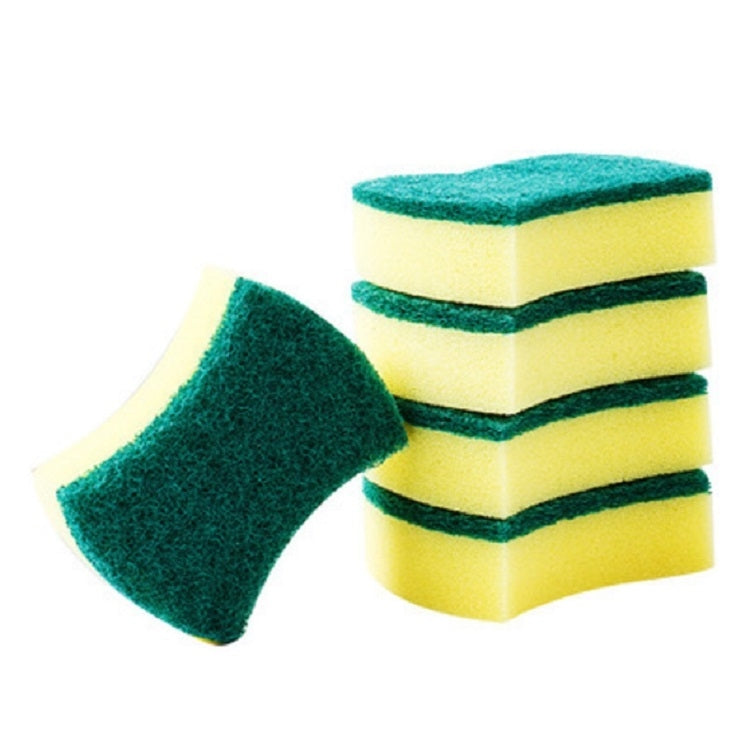 Yellow and green scouring sponge eraser stack with a curved foam scrub piece