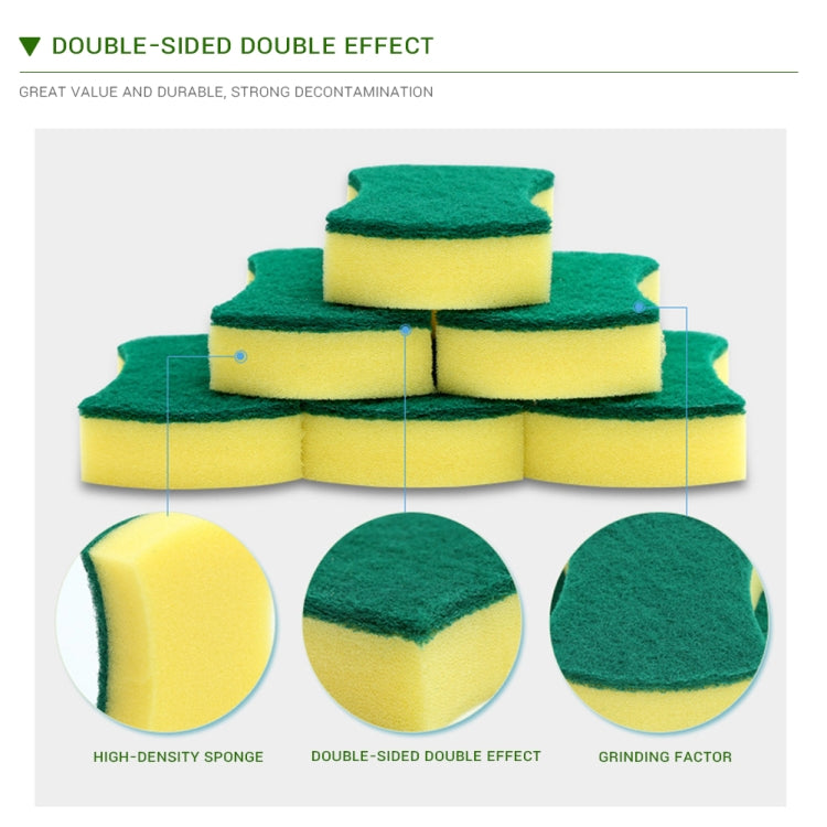 Pile of yellow and green scouring sponge erasers, double-sided cleaning pads