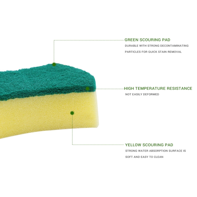 Close-up of a yellow scouring sponge block with green abrasive top layer