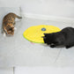 Yellow cat playing mat with gray dome motor and green edge, with two cats nearby