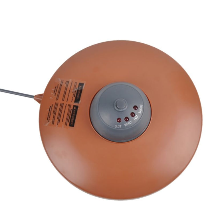 Side view of brown electric cat toy base with gray motor dome and label details