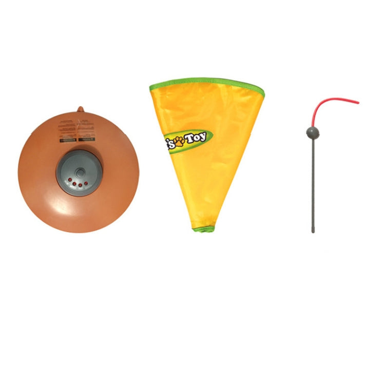 Electric cat toy set: brown base, yellow fabric cover, and red wand with gray tip