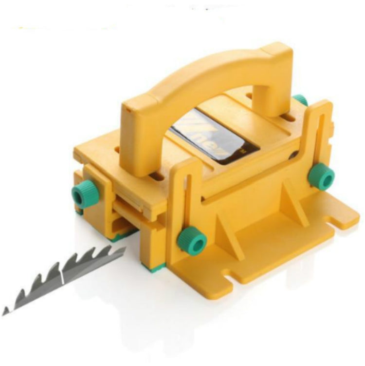 Yellow push handle table saw guard with teal adjustment knobs and blade guide