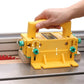 Yellow push handle table saw guard with up-down alignment guide arrows