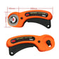 Orange and black rotary cutter with size measurements shown