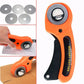 Orange rotary cutter with circular blades and cutting guidance
