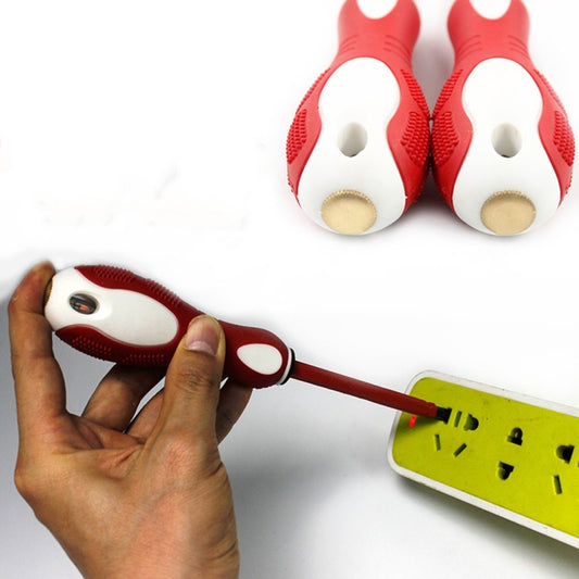 Red and white electric test pencil with pointed probe, held in hand