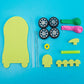 Balloon recoil car DIY kit parts: wheels, tubes, balloon sleeve, and plastic pieces