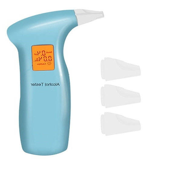 Blue portable breath alcohol tester with orange LCD screen and three mouthpieces