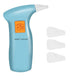 Blue handheld breath alcohol tester with orange LCD screen and three white mouthpieces