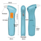 Blue alcohol breath tester, side and front view with mouthpiece, switch, and battery cover