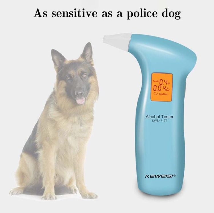 Blue handheld alcohol breath tester with orange screen and white mouthpiece