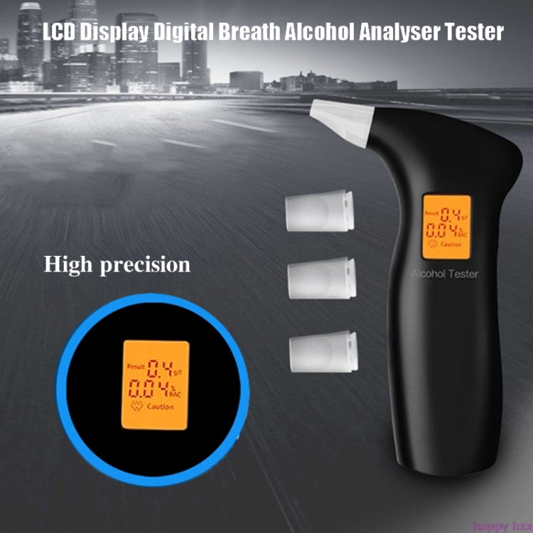 Black portable breath alcohol tester with orange LCD screen and three disposable mouthpieces