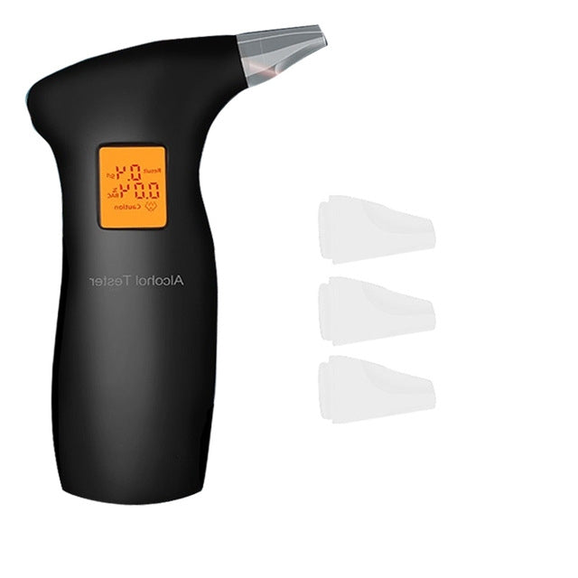 Black handheld breath alcohol tester with orange LCD screen and three white mouthpieces
